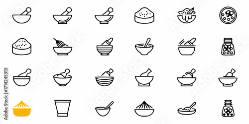A collection of mortar and pestle illustrations along with bowls and other kitchen equipment icons