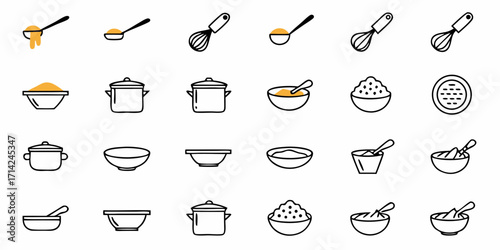 Collection of cooking utensils including spoons whisks pots bowls and a strainer in a simple line art style