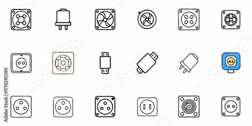Illustration of various electronic components including fans plugs and sockets in a grid pattern