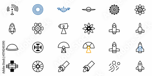 Collection of various space exploration and science related icons including rockets satellites and ufo designs