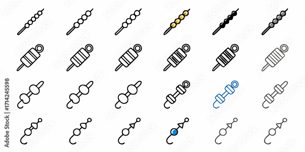 Fototapeta premium Varied kebab and skewer icons arranged in a grid pattern with different styles and color variations
