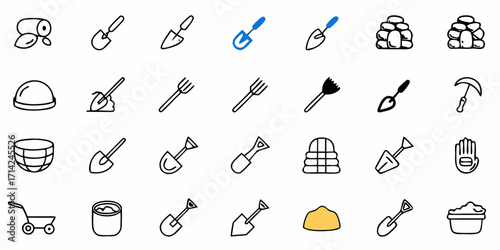 Illustration of various gardening and construction tools including shovels, wheelbarrows, and buckets icons