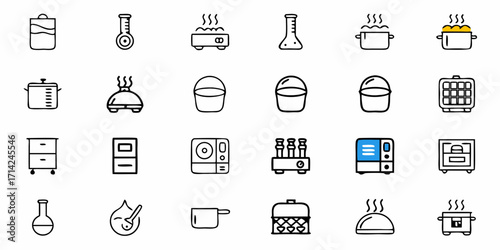 Depiction of various kitchen and laboratory equipment icons in a simple line art style format