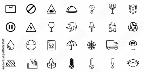 Illustration of various packaging symbols and hazard signs in a grid format for product handling