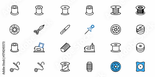 Illustration of sewing and crafting tools including spools of thread scissors and other accessories