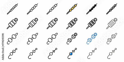 Varied kebab and skewer icons arranged in a grid pattern with different styles and color variations