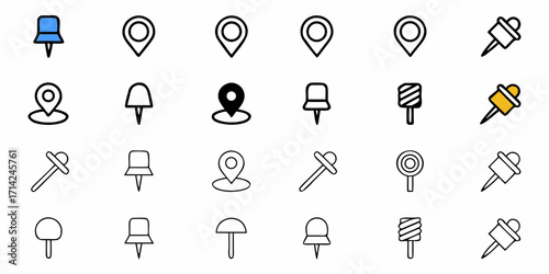 Collection of various map pointers and push pins in different styles and orientations displayed together