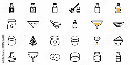 Collection of various cosmetic and laboratory containers and tools in a minimalist line art style design