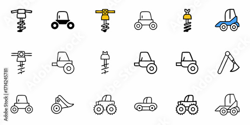 A collection of fifteen construction vehicle icons including drills and various tractor designs