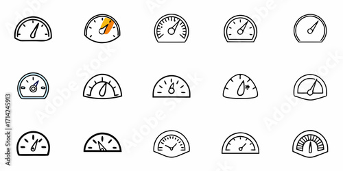 Collection of fifteen various speedometer icons with different designs and needle positions shown in black outline