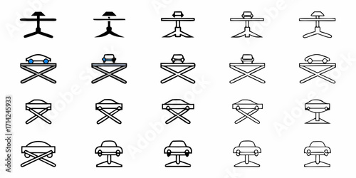 Various depictions of tables and cars shown in a grid pattern with simple line drawings and minimal color