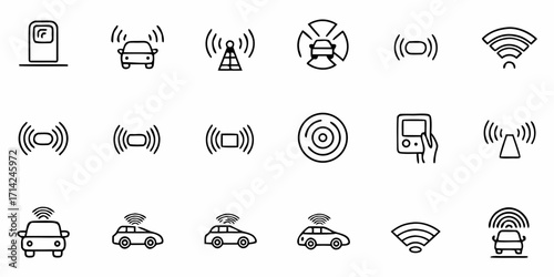 Collection of black outline icons depicting wireless technology and autonomous vehicles and communication devices