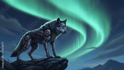 Cybernetic Wolf Under the Aurora Borealis Futuristic Animal Art