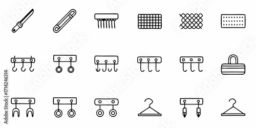 Illustration of various household and organizational items in a simple black and white line drawing style
