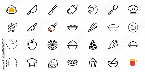 Collection of kitchen and food icons including utensils ingredients and prepared dishes in outline style
