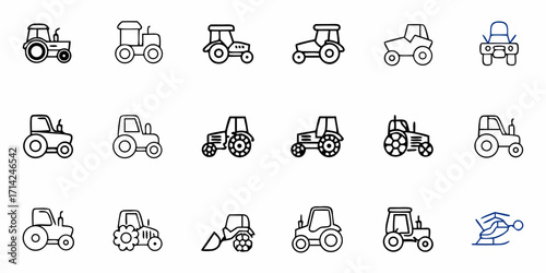 Collection of farm tractors in various styles and a helicopter icon on a white background design