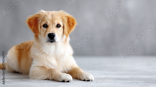 Golden Retriever Puppy Lying Down on Gray Floor with Speckled Fur and Friendly Expression in Studio Lighting