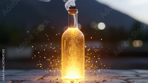 Glowing Bottle with Magical Sparks Fantasy, Mystical, Enchanting Imagery