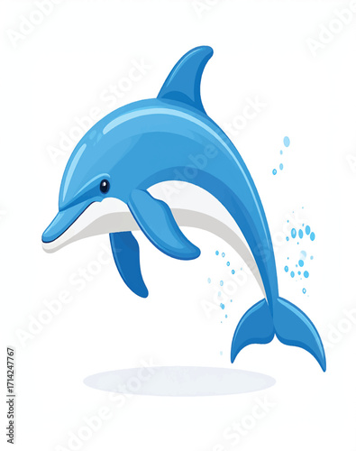 A lively illustration of a dolphin leaping out of the ocean, its smooth body arcing gracefully through the air. Splashes of water trail behind as it breaks the waves, highlighting its agility and play
