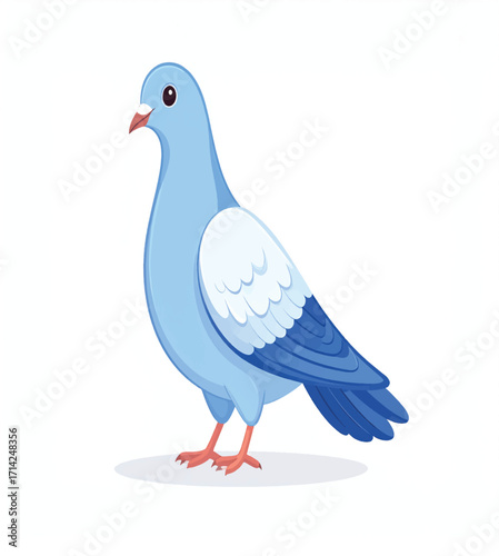 A soft and detailed illustration of a pigeon standing gracefully on the ground. Its feathers show a mix of grey, white, and shimmering green-blue tones around the neck, capturing the natural iridescen