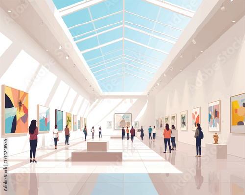 A grand museum building with tall columns and wide stone steps, designed in a neoclassical style. Large glass windows allow natural light to spill into the interior, where people are observing paintin