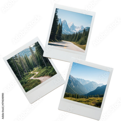 Three polaroids of nature scenes on transparent background