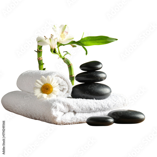 Spa concept with zen basalt stones and towels