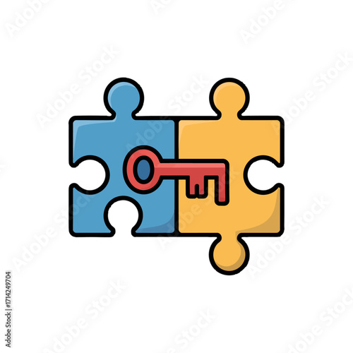 Connecting puzzle pieces with a key symbolizes finding a solution or unlocking an idea.