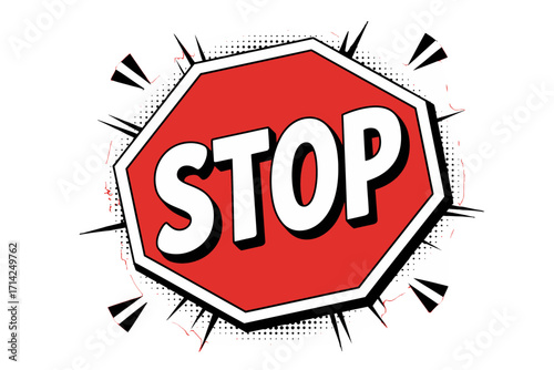 Bold red stop sign with comic book style bursting effect, signaling a halt or warning.