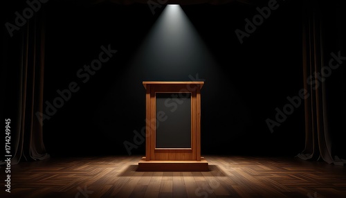 Wooden Podium on a Stage with Curtains and a Single Spotlight Shines from Above