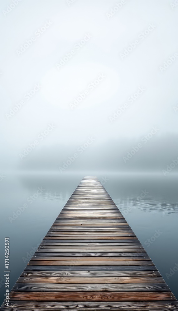 Fototapeta premium A Wooden Pier Extends into the Mist-Covered Water, Offering a Pathway to Quiet Contemplation and Reflection