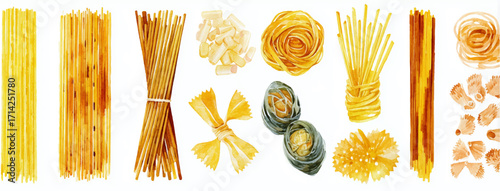 Vector illustration, set of Italian pasta on white background. Watercolor painting, banner