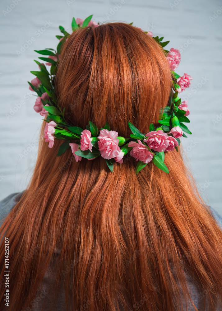 Naklejka premium Red hair woman with flower wreath on head