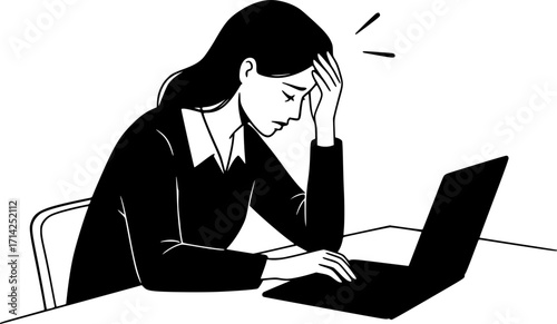 A stressed woman sitting at a desk with a laptop, hand on forehead, in a black style. Concept of work stress and exhaustion Vector Black silhouette. with white background