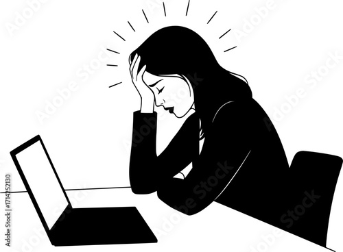 A stressed woman sitting at a desk with a laptop, hand on forehead, in a black style. Concept of work stress and exhaustion Vector Black silhouette. with white background