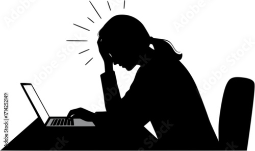 A stressed woman sitting at a desk with a laptop, hand on forehead, in a black style. Concept of work stress and exhaustion Vector Black silhouette. with white background