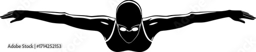 Swimmer Female Front View, Butterfly Swim Vector Black silhouettes. with white background
