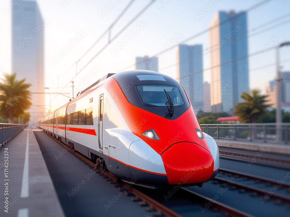 Fototapeta premium A high-speed train in motion, formed from sleek trapezoidal and streamlined color blocks, viewed from a dynamic front angle, with a background of blurred urban landscapes.