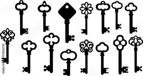 Antique key Vector Black silhouettes. Medieval and modern keys, vintage shapes set. Open door symbols, privacy and escape. Abstract tidy elements. with white background