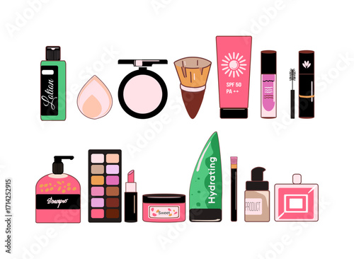 Set of cosmetic products vector illustration, including other beauty product tools such as brushes, lipsticks, shampoos, mascaras, and perfumes. 