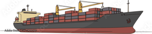 One continuous line drawing of a cargo ship is preparing to unload its cargo at the port vector illustration. Sea transportation design concept. Vector black silhouette. with white background