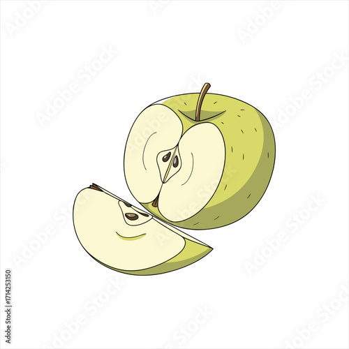 Illustration of a sliced green apple with a wedge on a white background