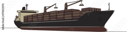 One continuous line drawing of a cargo ship is preparing to unload its cargo at the port vector illustration. Sea transportation design concept. Vector black silhouette. with white background