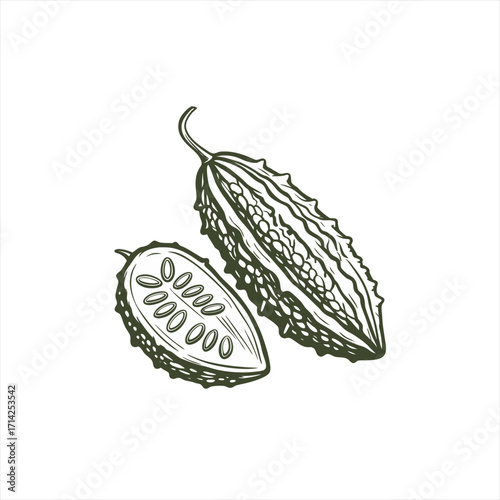 Hand drawn illustration of bitter melon with seeds shown in cross section