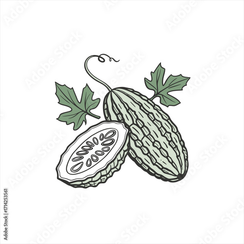 Illustration of bitter melon with leaves and a slice showing seeds