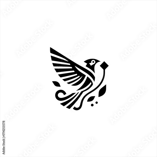 Stylized black bird in flight with abstract floral elements