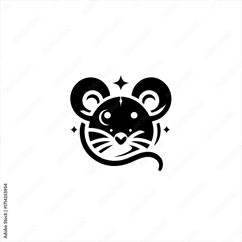 Fototapeta premium Cute stylized black mouse face with stars and moon crescent