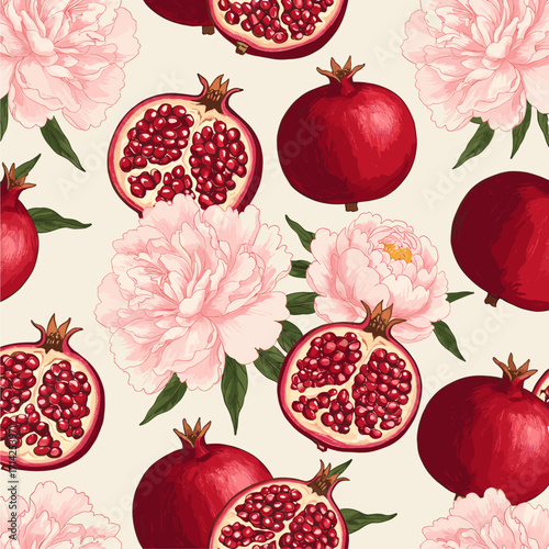 Seamless Botanical Pattern with Pomegranates and Pink Peonies. Elegant Floral Fruit Illustration for Fabric, Wallpaper, or Background.