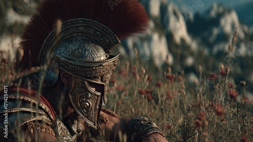 Spartan warrior in serene floral landscape, historical figure reimagining