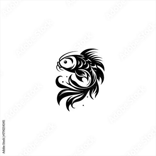 Stylized black koi fish silhouette with flowing fins and bubbles